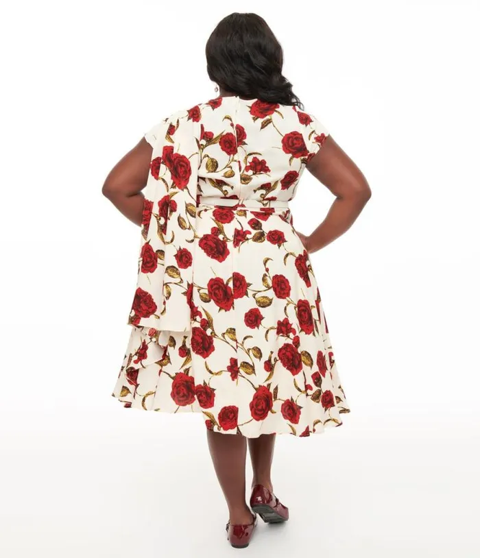 Plus Size 1940s Cream and Red Rose Print Sash Swing Dress DressesPlus Unique Vintage Pocket Dresses