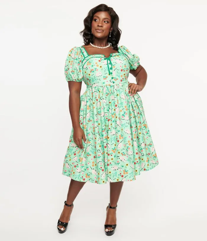 Plus Size 1940s Green Possum Print Button Front Dress DressesPlus Unique Vintage Swing