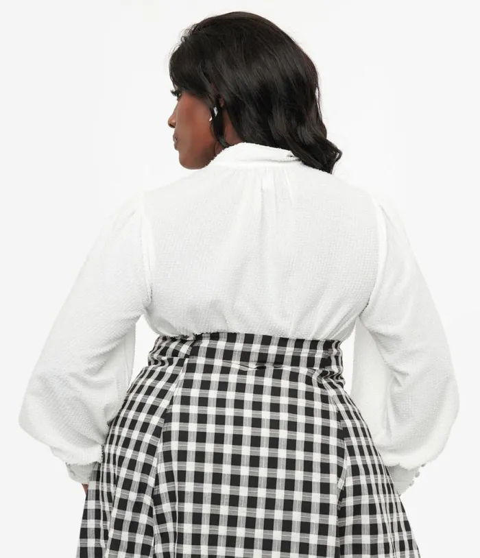 Plus Size 1940s White Clip Dot Long Sleeve Bow Blouse ClothingPlus Unique Vintage Blouses