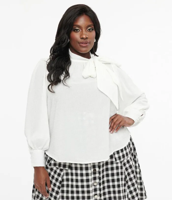 Plus Size 1940s White Clip Dot Long Sleeve Bow Blouse ClothingPlus Unique Vintage Blouses
