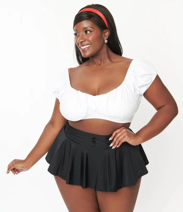 Plus Size 1940s White Off The Shoulder Swim Top Plus Unique Vintage Two Piece Swim