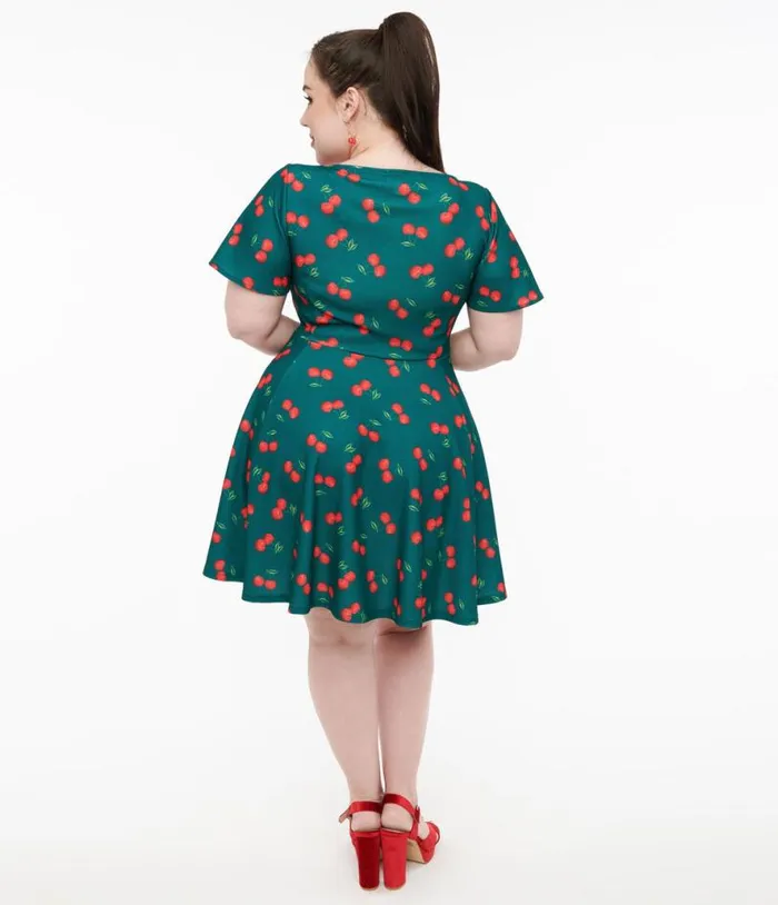 Plus Size 1950s Emerald and Cherry Print Poppy Flare Dress DressesPlus Unique Vintage Pocket Dresses