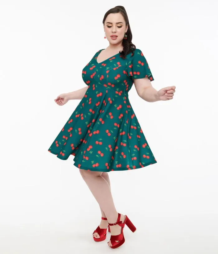 Plus Size 1950s Emerald and Cherry Print Poppy Flare Dress DressesPlus Unique Vintage Pocket Dresses