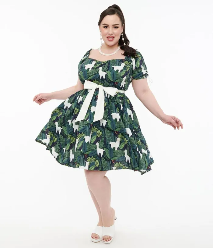 Plus Size 1950s Green Leaf and Llama Print Cotton Dakota Flare Dress DressesPlus Unique Vintage Pocket Dresses Plus Size 1950s Green Leaf and Llama Print Cotton Dakota Flare Dress DressesPlus Unique Vintage Pocket Dresses