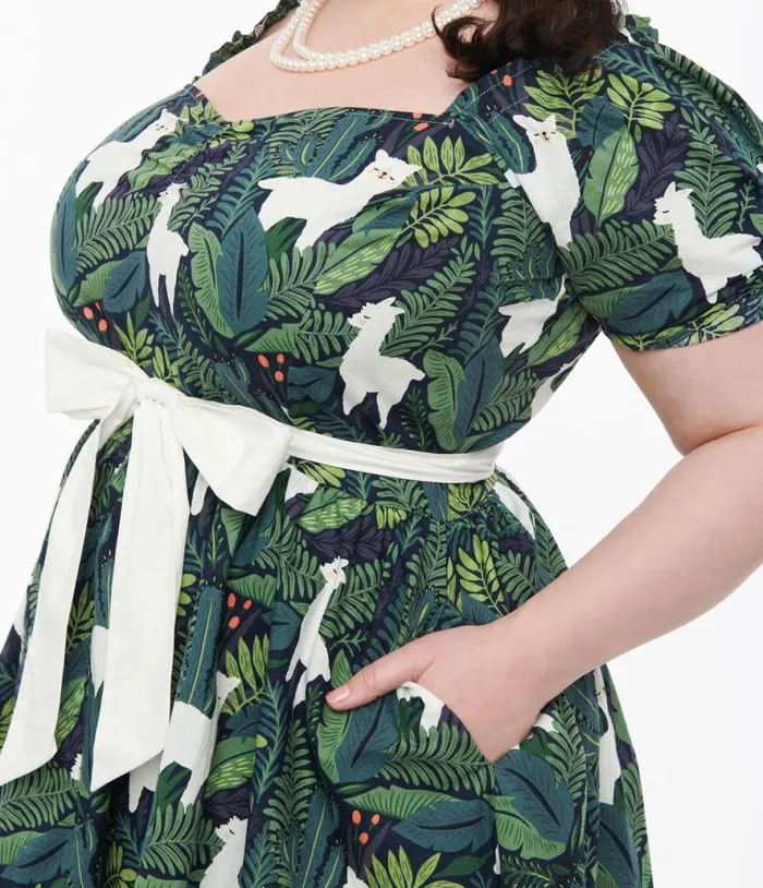 Plus Size 1950s Green Leaf and Llama Print Cotton Dakota Flare Dress DressesPlus Unique Vintage Pocket Dresses