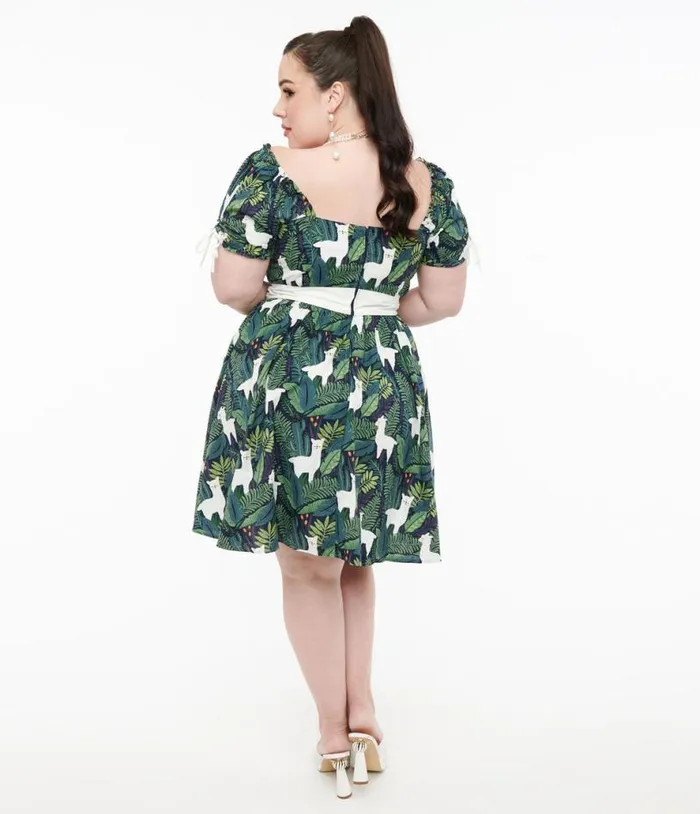 Plus Size 1950s Green Leaf and Llama Print Cotton Dakota Flare Dress DressesPlus Unique Vintage Pocket Dresses