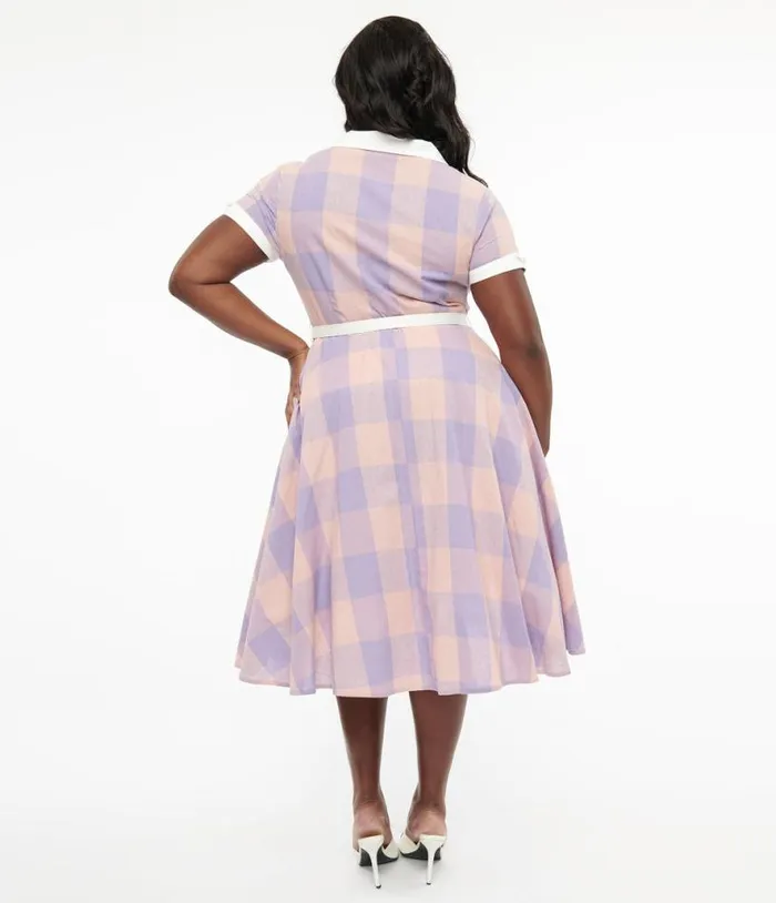 Plus Size 1950s Lavender and Pink Gingham Cotton Alexis Swing Dress DressesPlus Unique Vintage Pocket Dresses