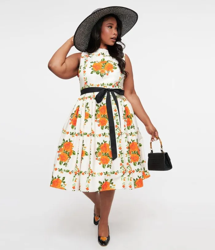 Plus Size 1950s Orange Fall Floral Sleeveless Swing Dress DressesPlus Unique Vintage Pocket Dresses
