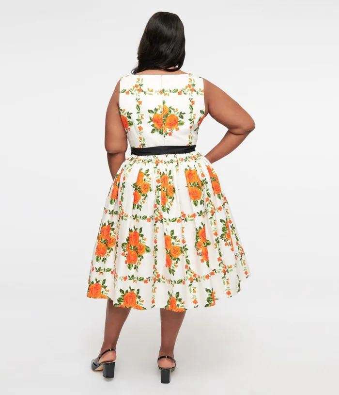 Plus Size 1950s Orange Fall Floral Sleeveless Swing Dress DressesPlus Unique Vintage Pocket Dresses