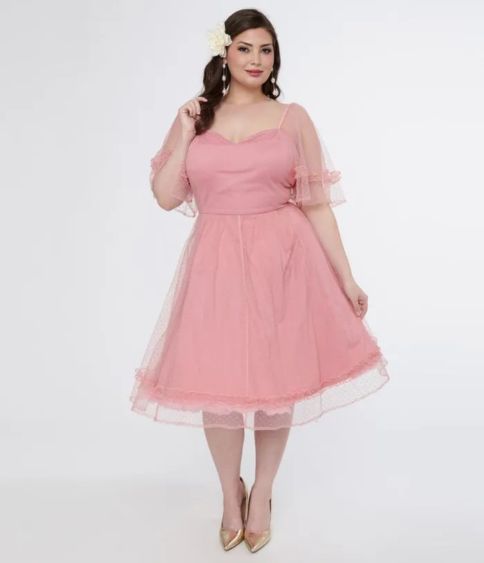 Plus Size 1950s Rose Ruffle Sweetheart Swing Dress DressesPlus Unique Vintage Swing