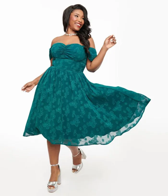Plus Size 1950s Teal Jacquard Off Shoulder Flare Dress DressesPlus Unique Vintage Pocket Dresses Plus Size 1950s Teal Jacquard Off Shoulder Flare Dress DressesPlus Unique Vintage Pocket Dresses