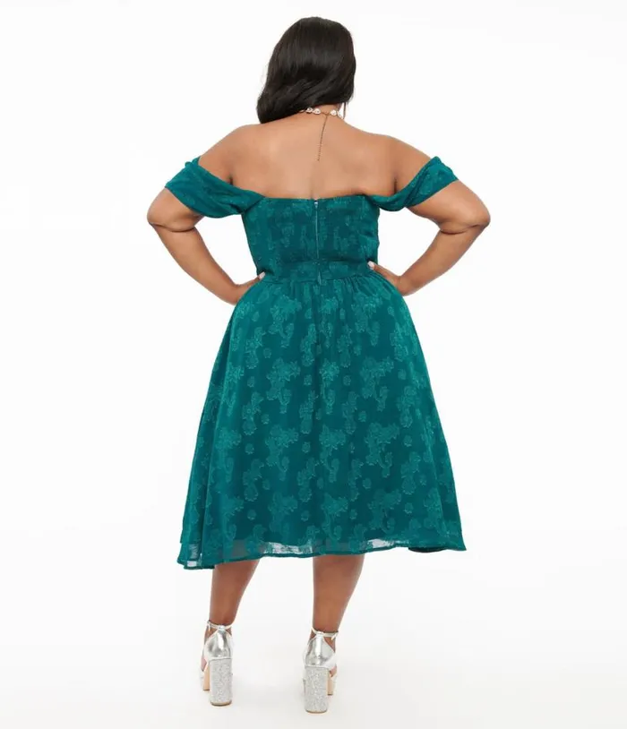 Plus Size 1950s Teal Jacquard Off Shoulder Flare Dress DressesPlus Unique Vintage Pocket Dresses