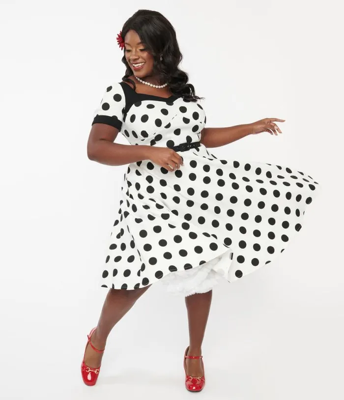 Plus Size 1950s White and Black Polka Dot Swing Dress DressesPlus Unique Vintage Pocket Dresses Plus Size 1950s White and Black Polka Dot Swing Dress DressesPlus Unique Vintage Pocket Dresses