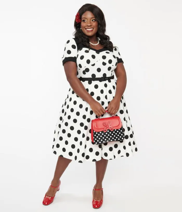 Plus Size 1950s White and Black Polka Dot Swing Dress DressesPlus Unique Vintage Pocket Dresses