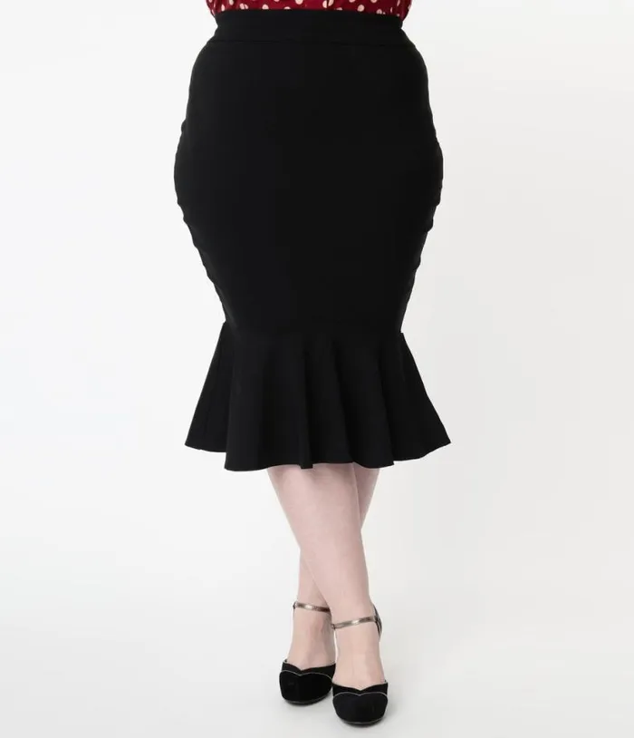 Plus Size 1960s Black Fishtail Lizette Wiggle Skirt ClothingPlus Unique Vintage Skirts