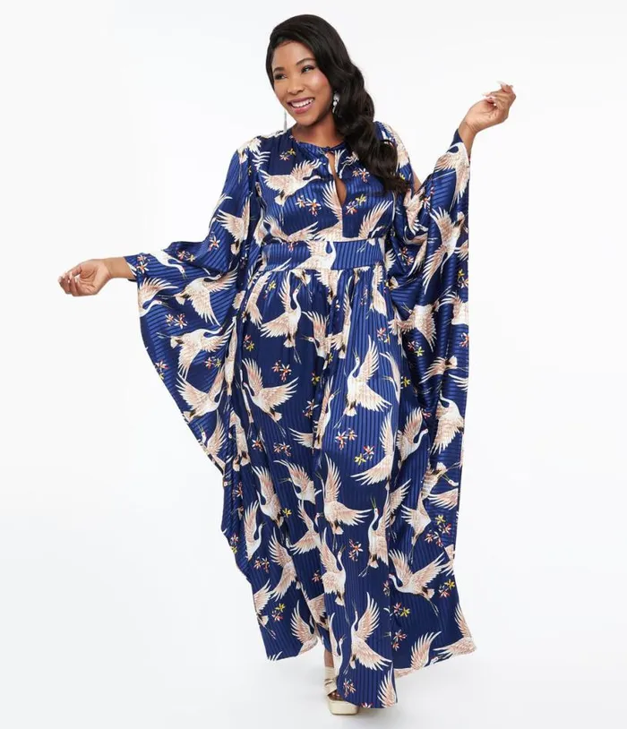 Plus Size 1960s Navy Crane Flutter Sleeve Caftan DressesPlus Unique Vintage Midi and Maxi Plus Size 1960s Navy Crane Flutter Sleeve Caftan DressesPlus Unique Vintage Midi and Maxi