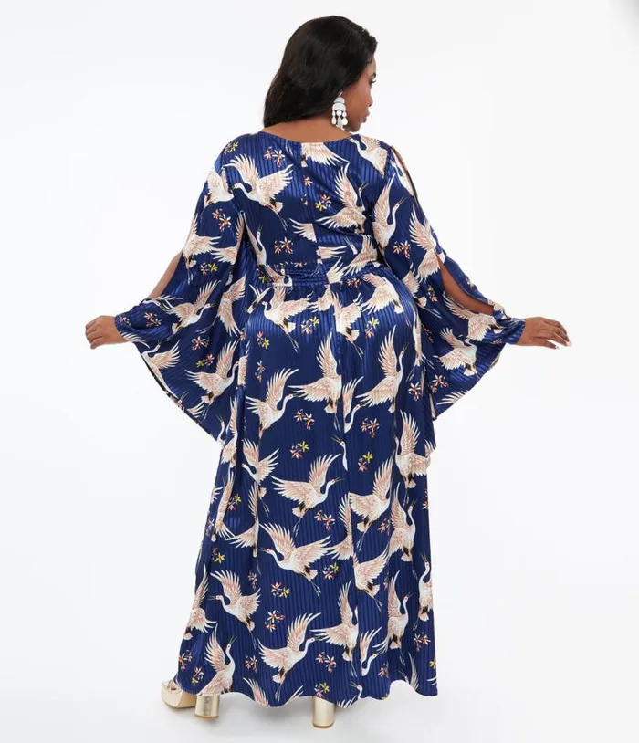 Plus Size 1960s Navy Crane Flutter Sleeve Caftan DressesPlus Unique Vintage Midi and Maxi