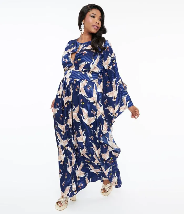 Plus Size 1960s Navy Crane Flutter Sleeve Caftan DressesPlus Unique Vintage Midi and Maxi