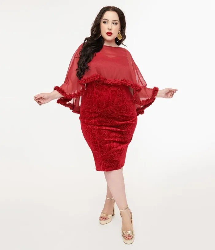 Plus Size 1960s Red Velvet Ruffle Capelet Wiggle Dress DressesPlus Unique Vintage Pencil Plus Size 1960s Red Velvet Ruffle Capelet Wiggle Dress DressesPlus Unique Vintage Pencil