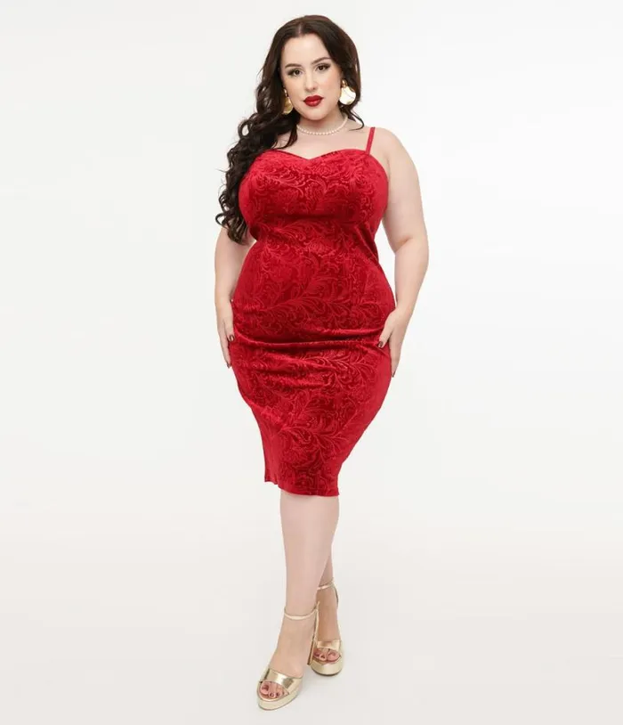Plus Size 1960s Red Velvet Ruffle Capelet Wiggle Dress DressesPlus Unique Vintage Pencil