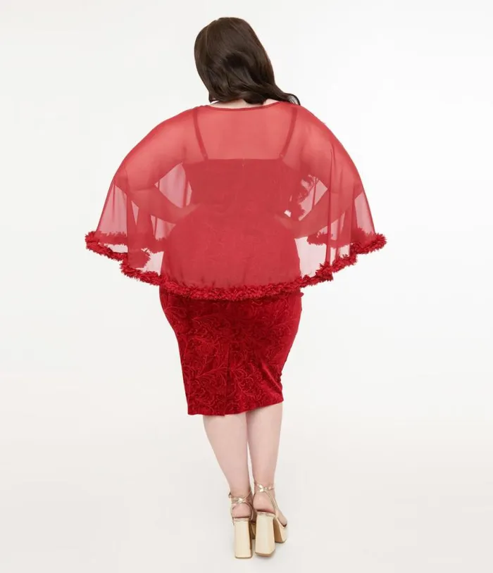 Plus Size 1960s Red Velvet Ruffle Capelet Wiggle Dress DressesPlus Unique Vintage Pencil