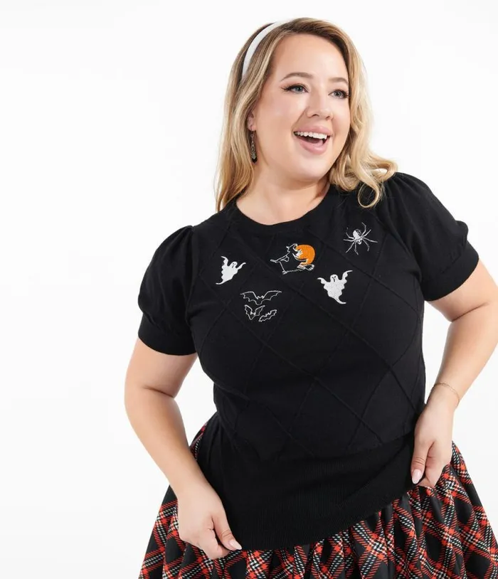 Plus Size Black Halloween Embroidered Sweater ClothingHalloweenPlus Unique Vintage Sweaters and Cardigans