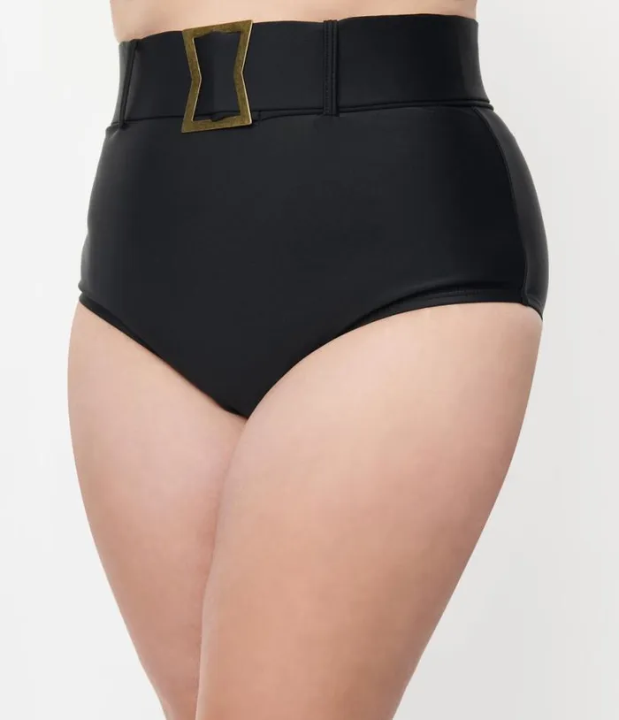 Plus Size Black High Waist Belted Swim Bottom Plus Unique Vintage Two Piece Swim