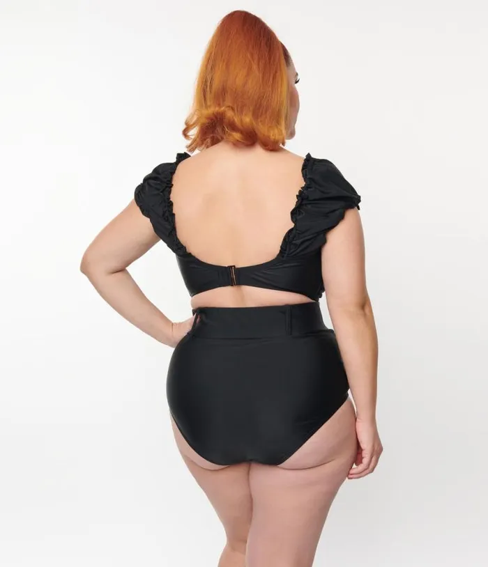 Plus Size Black High Waist Belted Swim Bottom Plus Unique Vintage Two Piece Swim