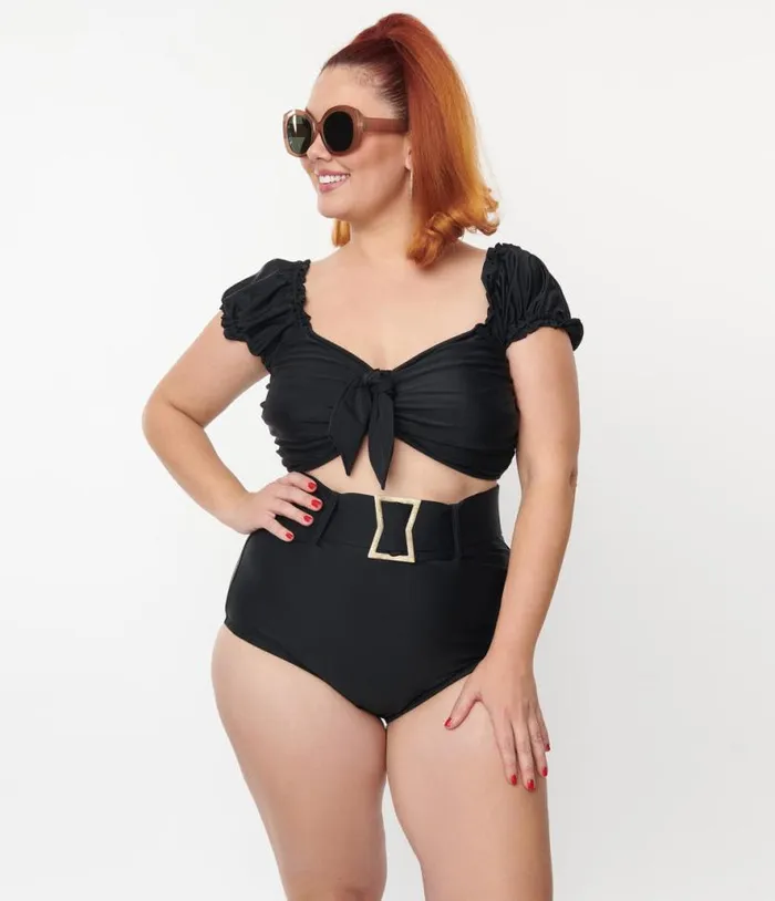Plus Size Black High Waist Belted Swim Bottom Plus Unique Vintage Two Piece Swim