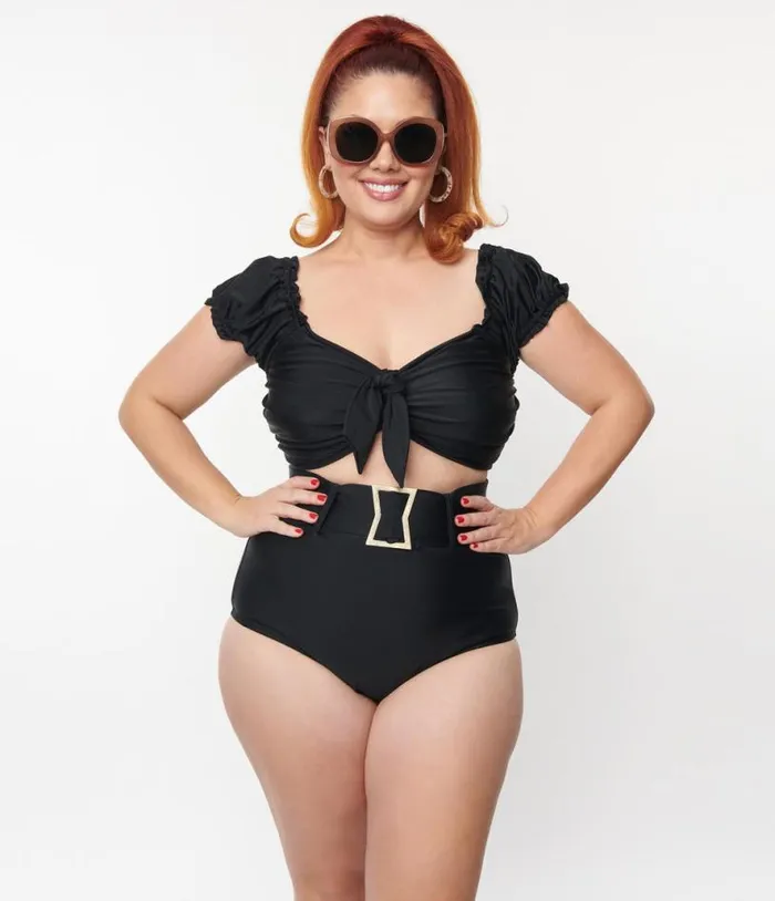 Plus Size Black High Waist Belted Swim Bottom Plus Unique Vintage Two Piece Swim