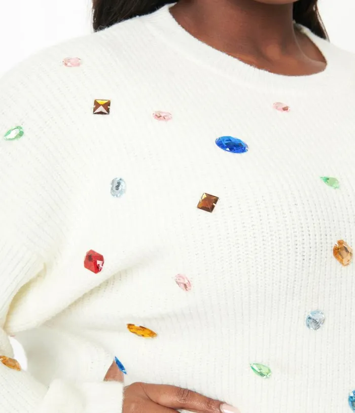 Plus Size Cream Bejeweled Pullover Sweater ClothingPlus Unique Vintage Sweaters and Cardigans