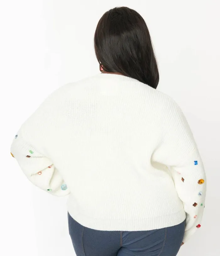 Plus Size Cream Bejeweled Pullover Sweater ClothingPlus Unique Vintage Sweaters and Cardigans