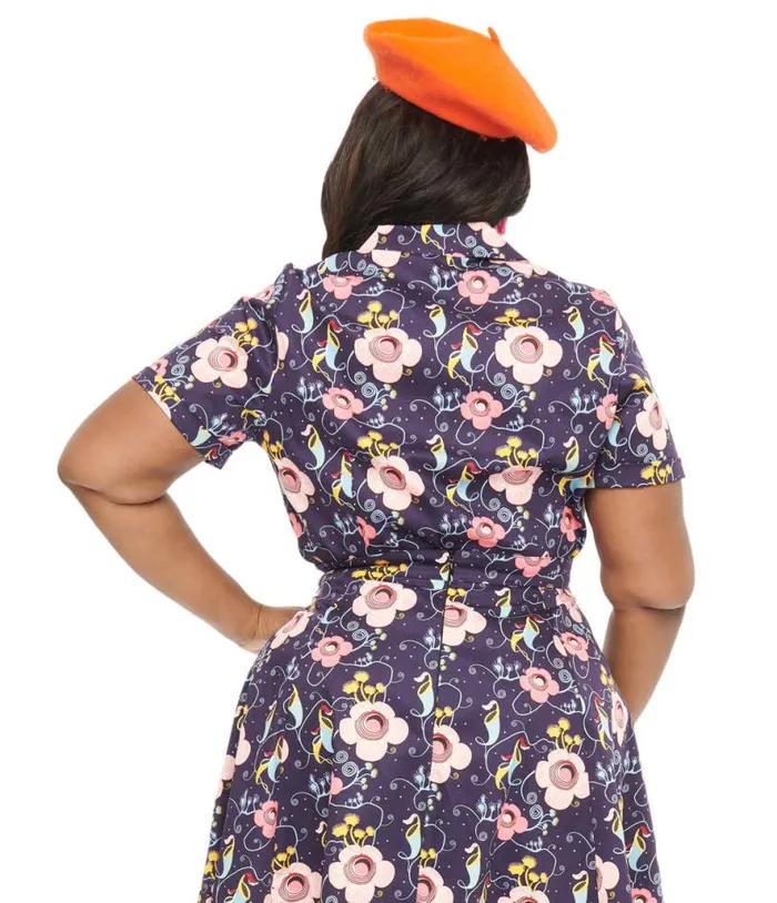 Plus Size Dark Blue Carnivorous Plants Print Collared Top ClothingHalloweenPlus Unique Vintage Tops