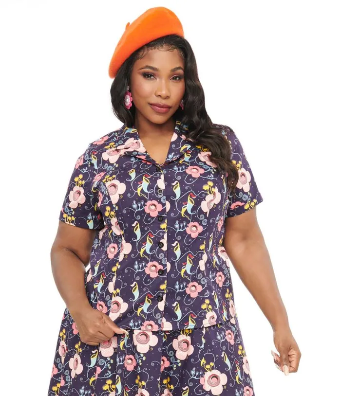 Plus Size Dark Blue Carnivorous Plants Print Collared Top ClothingHalloweenPlus Unique Vintage Tops