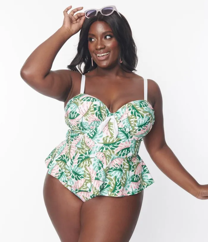 Plus Size Green Monstera Print Solana Tankini Swim Top Plus Unique Vintage Two Piece Swim Plus Size Green Monstera Print Solana Tankini Swim Top Plus Unique Vintage Two Piece Swim