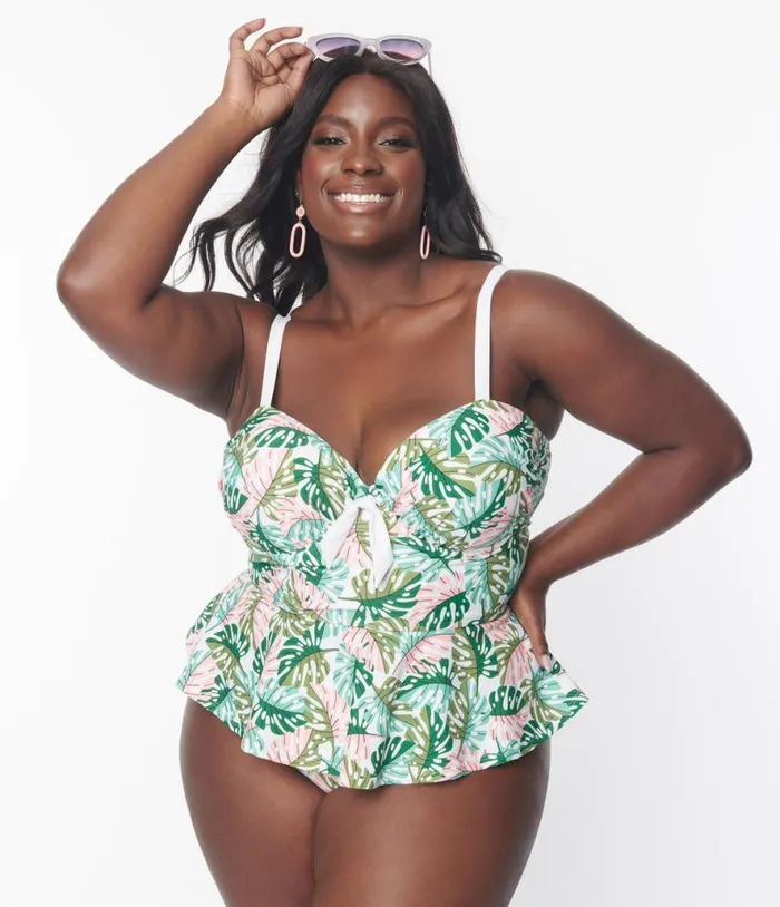 Plus Size Green Monstera Print Solana Tankini Swim Top Plus Unique Vintage Two Piece Swim