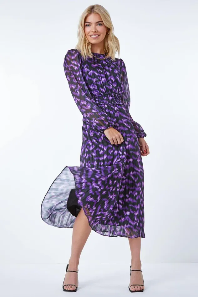 Purple Abstract Animal Shirred Midi Dress Women Roman Dresses