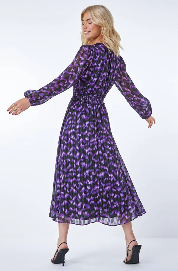 Purple Abstract Animal Shirred Midi Dress Women Roman Dresses