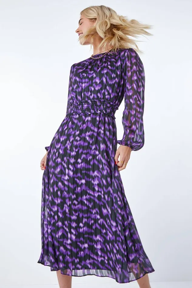 Purple Abstract Animal Shirred Midi Dress Women Roman Dresses