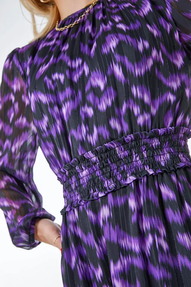 Purple Abstract Animal Shirred Midi Dress Women Roman Dresses