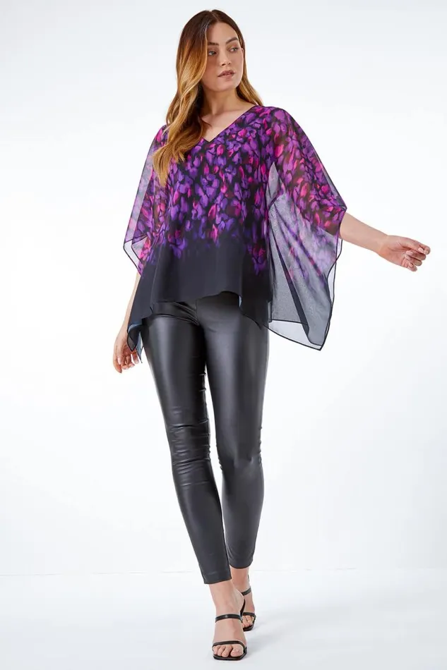 Purple Abstract Chiffon Overlay Top Women Roman Tops