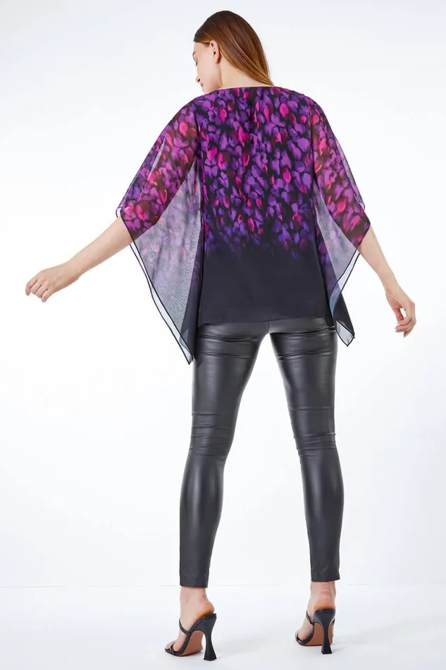 Purple Abstract Chiffon Overlay Top Women Roman Tops
