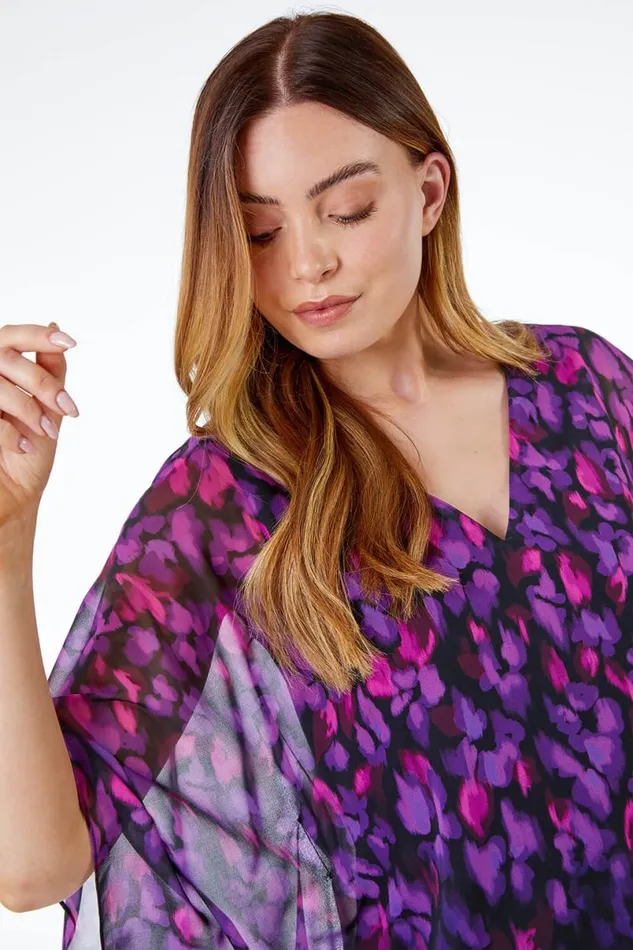 Purple Abstract Chiffon Overlay Top Women Roman Tops
