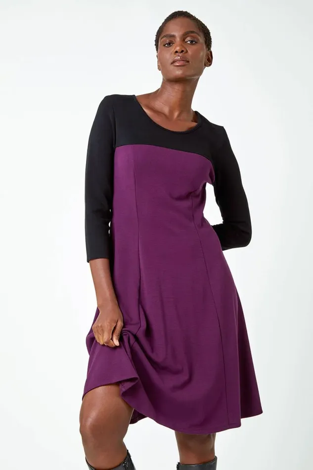 Purple Colour Block Skater Stretch Dress Women Roman Dresses