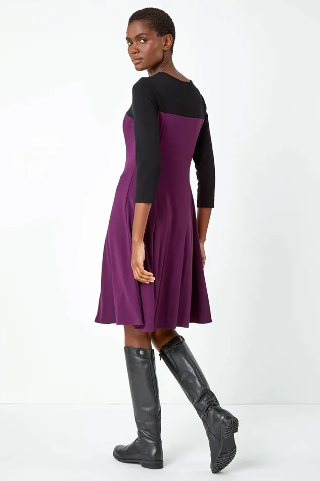 Purple Colour Block Skater Stretch Dress Women Roman Dresses