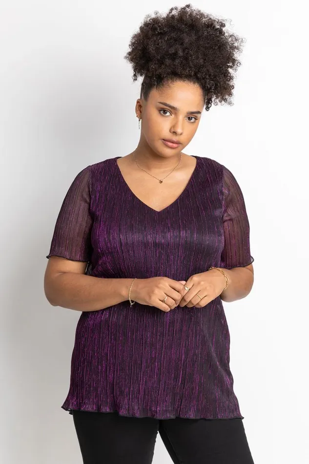 Purple Curve Metallic Plisse Top Women Roman Tops
