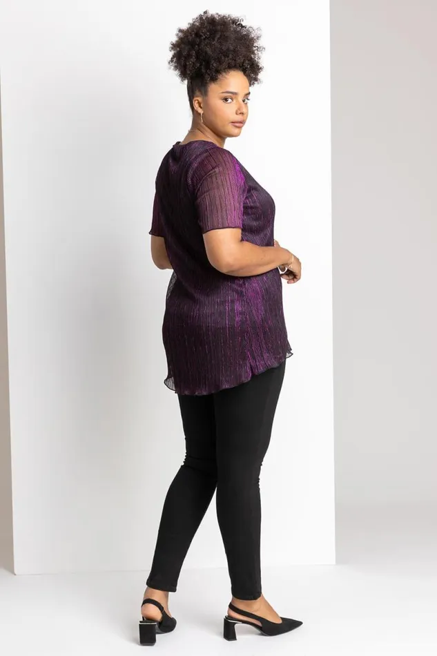 Purple Curve Metallic Plisse Top Women Roman Tops