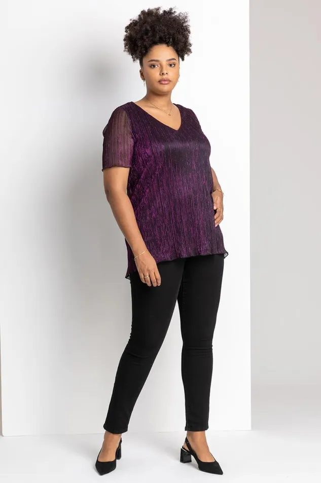 Purple Curve Metallic Plisse Top Women Roman Tops