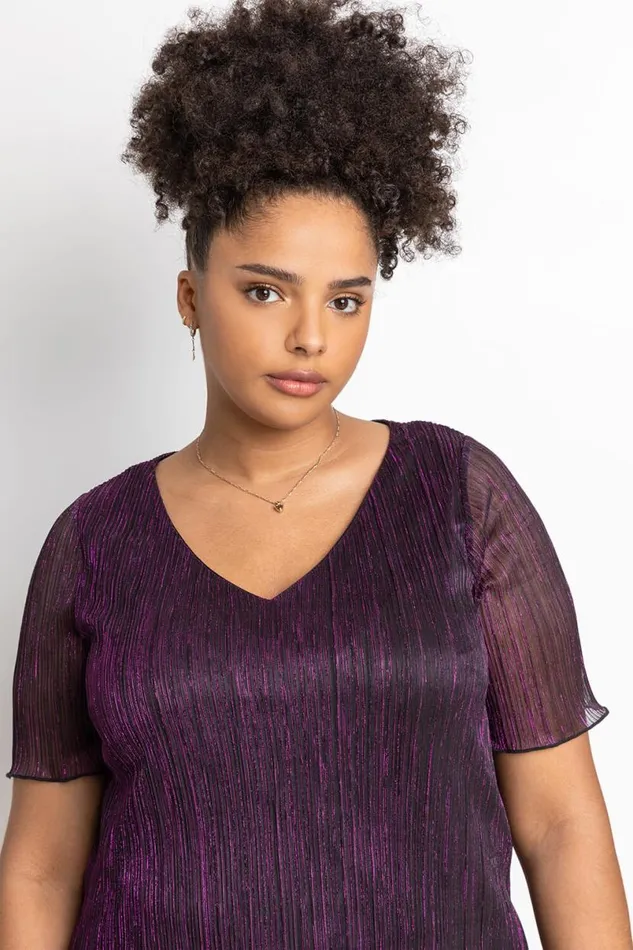 Purple Curve Metallic Plisse Top Women Roman Tops