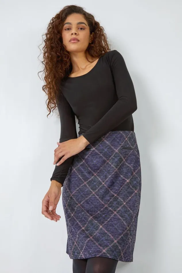Purple Elastic Waist Check Print Pocket A Line Skirt Women Roman Skirts
